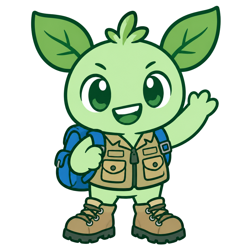 CC, Climate Circle 360's friendly leaf-eared nature explorer with a khaki vest and blue backpack